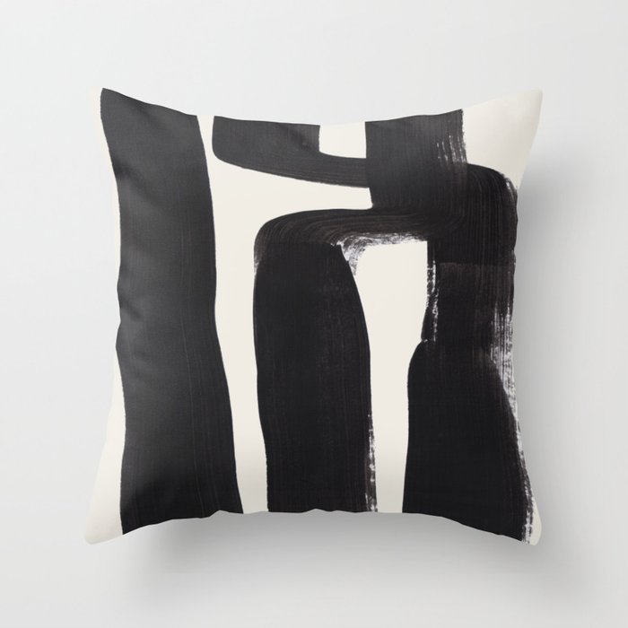Mid Century Modern Minimalist Abstract Art Brush Strokes Black & White Ink Art Ancient Stripes Throw Pillow