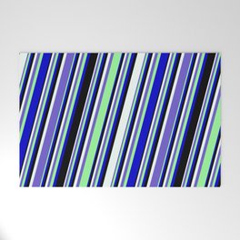[ Thumbnail: Mint Cream, Slate Blue, Green, Blue, and Black Colored Pattern of Stripes Welcome Mat ]