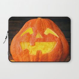 Halloween Pumpkin with Leaves on Wooden Background Laptop Sleeve
