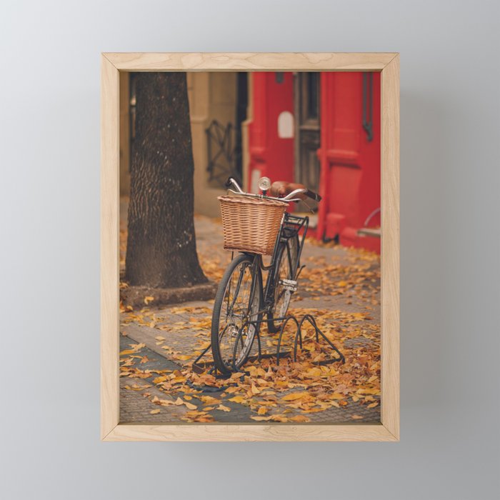 Autumn bicycle | Street photography | A bike in a Buenos Aires street surrounded by autumn leaves Framed Mini Art Print