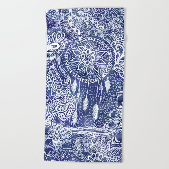 Boho blue dreamcatcher feathers floral illustration Beach Towel