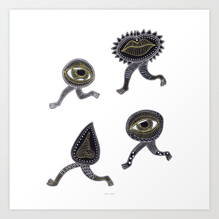 running surreal eyes mouth and nose creatures Art Print