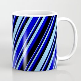 [ Thumbnail: Light Sky Blue, Blue & Black Colored Stripes/Lines Pattern Coffee Mug ]