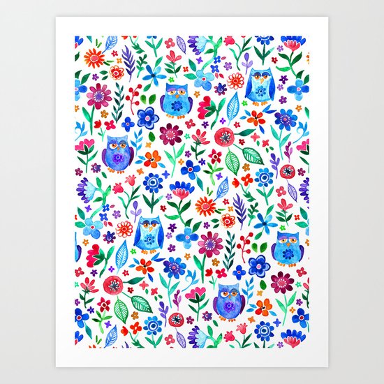 Little Owls and Flowers on White Art Print