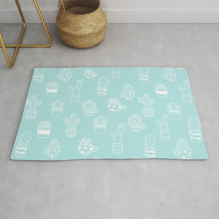 White and Turquoise blue cactus pot pattern Rug