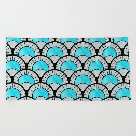 Aqua Art Deco Twenties Fan Pattern Beach Towel
