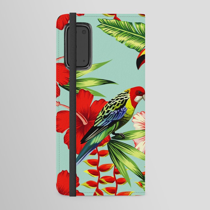 tropic bird toucan multicolor parrot background exotic flower hibiscus palm leaf summer floral plant nature animals wallpaper pattern Android Wallet Case
