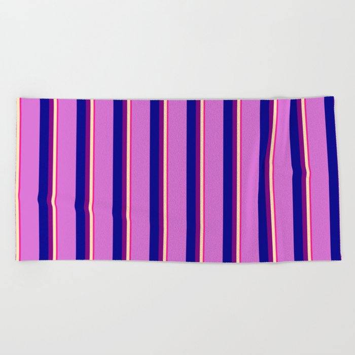 Deep Pink, Beige, Purple, Dark Blue, and Orchid Colored Stripes Pattern Beach Towel