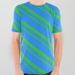 [ Thumbnail: Blue & Lime Green Colored Pattern of Stripes All Over Graphic Tee ]