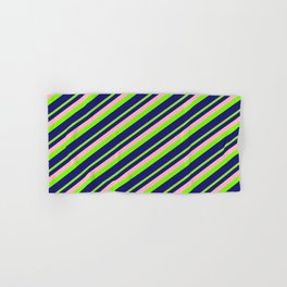 [ Thumbnail: Light Pink, Green, and Midnight Blue Colored Striped/Lined Pattern Hand & Bath Towel ]