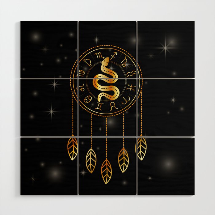 Dreamcatcher Zodiac symbols astrology horoscope signs with mystic snake in gold Wood Wall Art