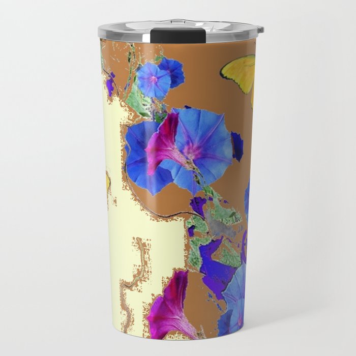 Coffee & Cream Blue Flowers butterfly Art Travel Mug