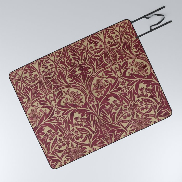 William Morris Vintage Bluebell Claret Red Gold Picnic Blanket