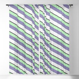 [ Thumbnail: Green, Dark Slate Blue, White & Black Colored Striped Pattern Sheer Curtain ]