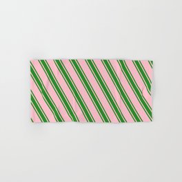 [ Thumbnail: Pink and Forest Green Colored Pattern of Stripes Hand & Bath Towel ]