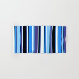[ Thumbnail: Vibrant Light Sky Blue, Mint Cream, Dark Slate Blue, Blue & Black Colored Lines Pattern Hand & Bath Towel ]