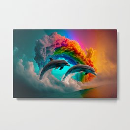 Dolphins swimming in the Ocean with Big Rainbow - Colourful Painting Metal Print | Watercolor, Waves, Colorexplosion, Coastalart, Colorfuldolphin, Dolphinart, Dolphin, Colorful, Digital, Abstractdolphin 