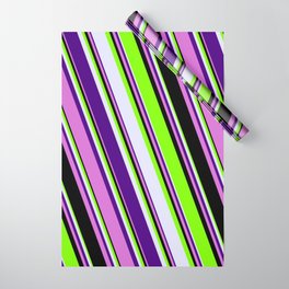 [ Thumbnail: Chartreuse, Lavender, Indigo, Orchid & Black Colored Striped/Lined Pattern Wrapping Paper ]