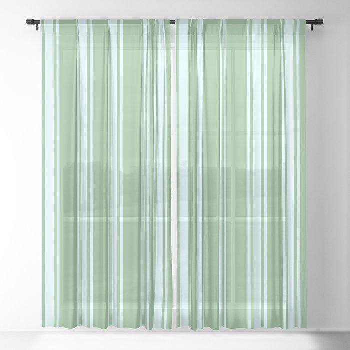 Dark Sea Green and Light Cyan Colored Pattern of Stripes Sheer Curtain