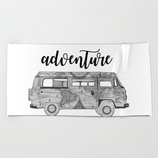 adventure awaits world map design Beach Towel