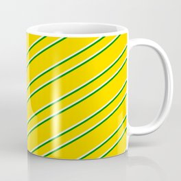 [ Thumbnail: Yellow, Beige & Green Colored Lined/Striped Pattern Coffee Mug ]
