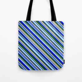 [ Thumbnail: Eye-catching Tan, Royal Blue, Turquoise, Blue & Dark Green Colored Pattern of Stripes Tote Bag ]
