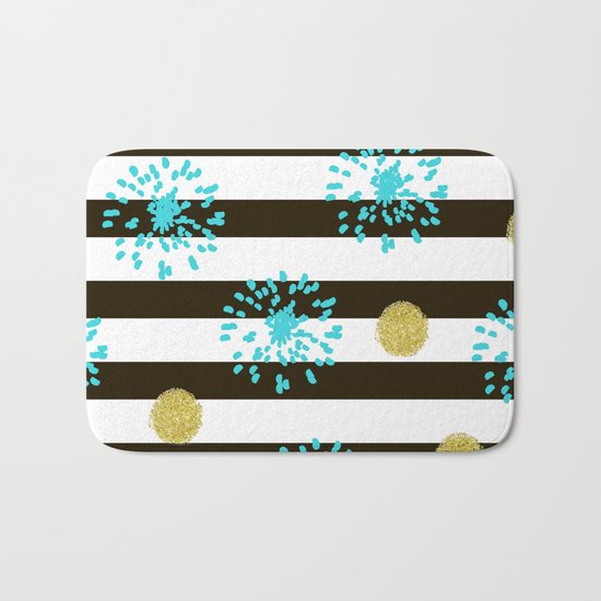 A festive mood. Striped background black and white with blue fireworks and Golden peas . Bath Mat
