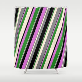 [ Thumbnail: Vibrant Beige, Gray, Black, Orchid & Forest Green Colored Stripes Pattern Shower Curtain ]