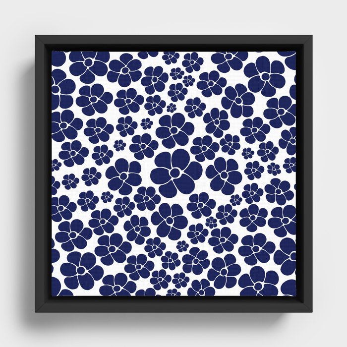 Flower Pattern - Blue and White Framed Canvas