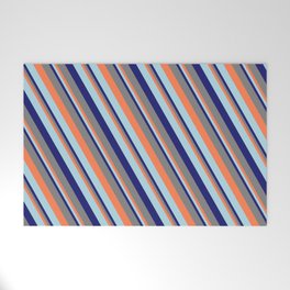 [ Thumbnail: Coral, Light Blue, Midnight Blue & Gray Colored Lines Pattern Welcome Mat ]