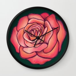 Pink Orange Rose on Dark Green Wall Clock