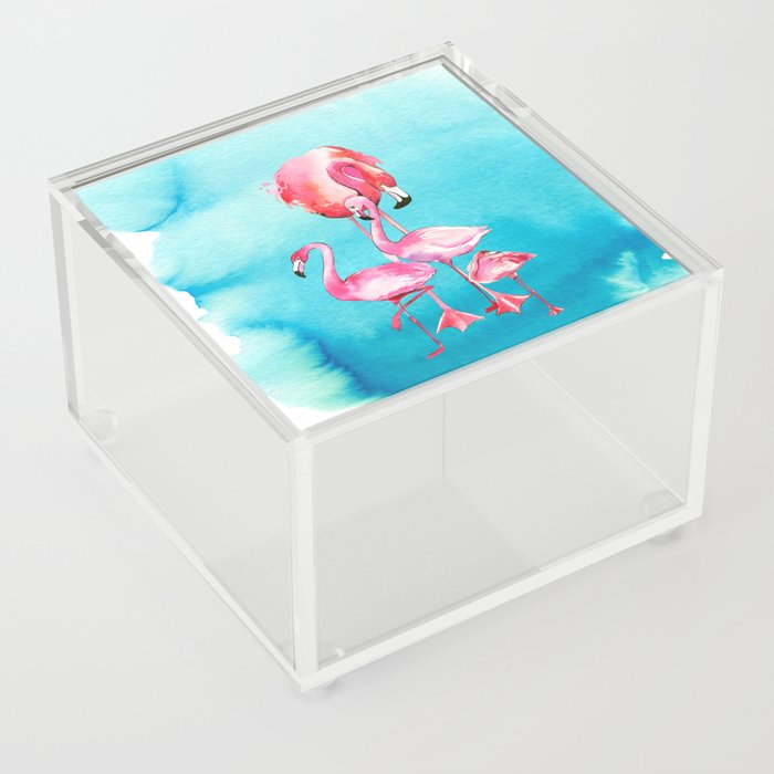 Watercolor ocean blue tropical pink flamingo bird Acrylic Box