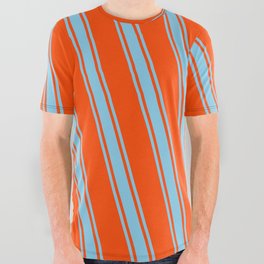 [ Thumbnail: Red and Sky Blue Colored Pattern of Stripes All Over Graphic Tee ]