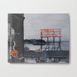 Pike Place Market - Black & White & Neon -Seattle Washginton Metal Print