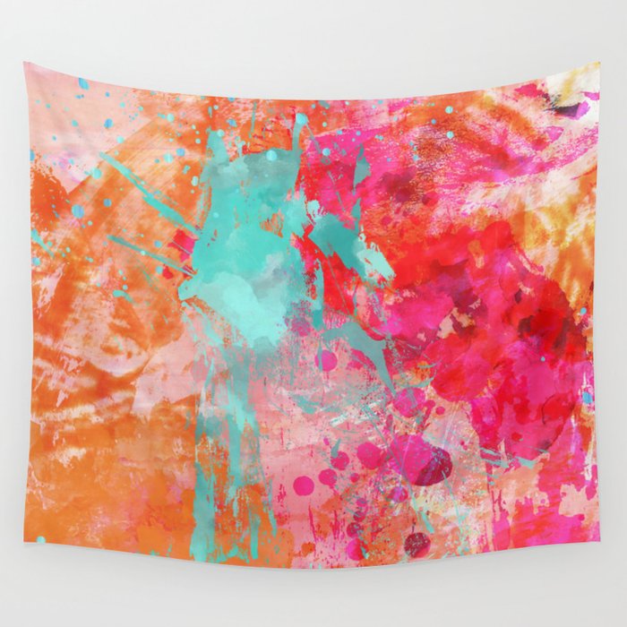 Paint Splatter Turquoise Orange And Pink Wall Tapestry