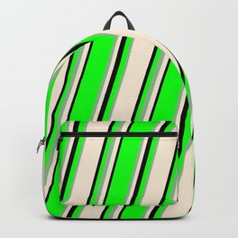[ Thumbnail: Lime, Dark Sea Green, Beige & Black Colored Lined Pattern Backpack ]