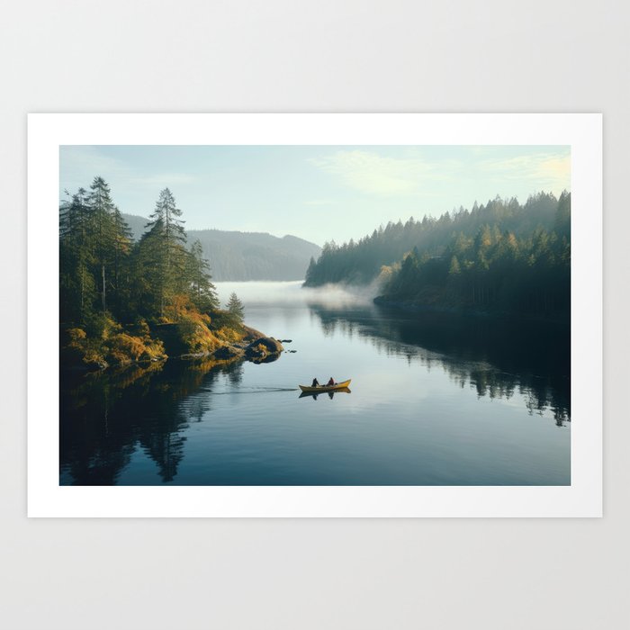 Kayakers On A Serene Mountain Lake At Morning Art Print