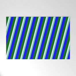 [ Thumbnail: Colorful Sky Blue, Mint Cream, Aquamarine, Blue & Dark Green Colored Striped/Lined Pattern Welcome Mat ]