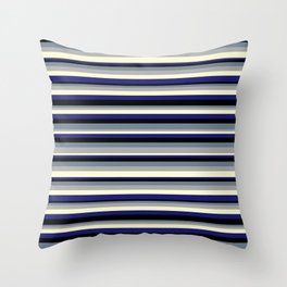 [ Thumbnail: Colorful Slate Gray, Dark Gray, Light Yellow, Midnight Blue, and Black Colored Lined/Striped Pattern Throw Pillow ]