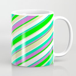 [ Thumbnail: Vibrant Green, Orchid, Lime, Pale Goldenrod, and White Colored Pattern of Stripes Coffee Mug ]