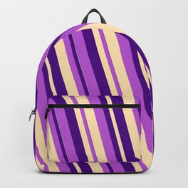 [ Thumbnail: Beige, Indigo & Orchid Colored Lines Pattern Backpack ]