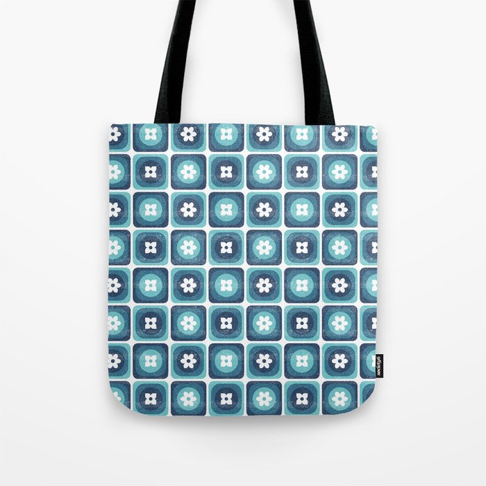 Blue Retro 70s Distressed Checkered Flowers Tote Bag