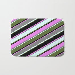 [ Thumbnail: Colorful Violet, Grey, Light Cyan, Dark Olive Green & Black Colored Pattern of Stripes Bath Mat ]
