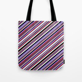 [ Thumbnail: Black, Purple, Brown, and Light Cyan Colored Stripes/Lines Pattern Tote Bag ]
