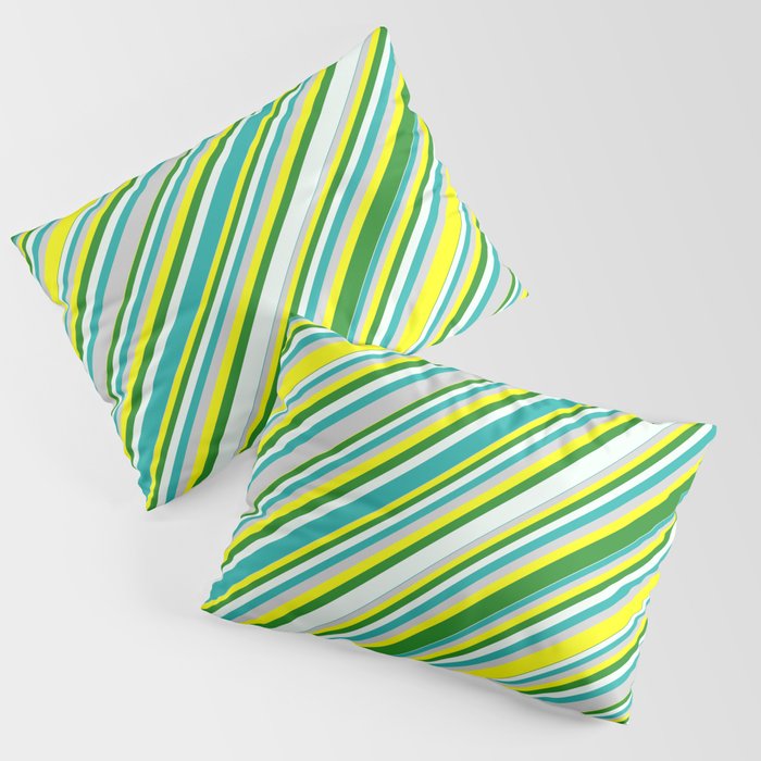 Eyecatching Yellow, Forest Green, Mint Cream, Light Sea Green, and Light Grey Colored Lined Pattern Pillow Sham