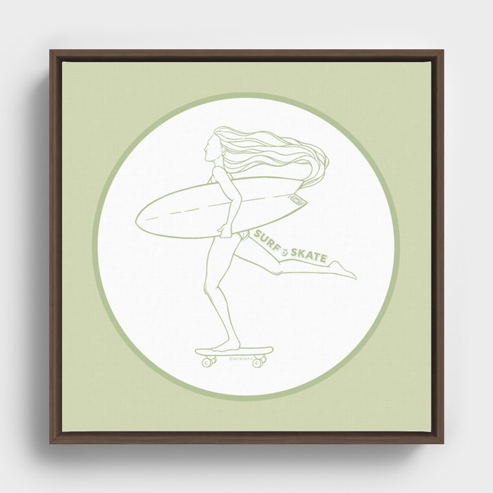 Surf Skate Cruise | California Skater Surfer Girl Design | Beach Inspired Artwork | Olive Green Framed Canvas