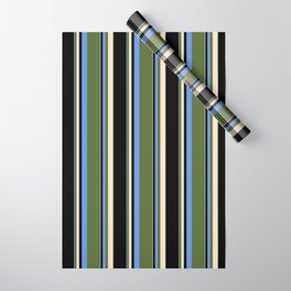 [ Thumbnail: Cornflower Blue, Dark Olive Green, Bisque, and Black Colored Striped Pattern Wrapping Paper ]