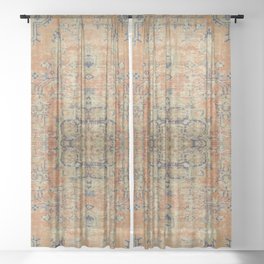Vintage Woven Coral and Blue Kilim Sheer Curtain
