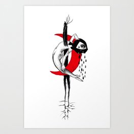 Red Crescent Art Print | Tears, Pop Art, Surrealism, Acrylic, Moon, Girl, Tree, Drops, Red, Black And White 