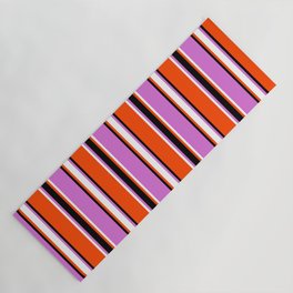 [ Thumbnail: Red, Black, Orchid, and White Colored Stripes Pattern Yoga Mat ]